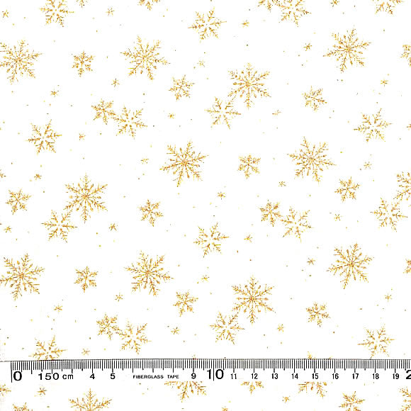 送料無料　クリスマスプリント生地（布）雪の結晶柄(金） 白地  1m 単位　パッチワーク コットン100％　