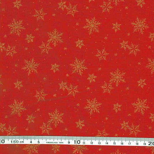 送料無料　クリスマス生地（布）雪の結晶柄(金） 赤地 1m 単位　パッチワーク コットン100％　ディスプレー