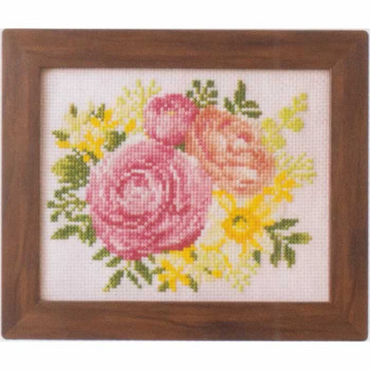 季節を彩るフラワーアレンジメント-ラナンキュラスとスイセン-ルシアン-コスモ-クロスステッチキット（送料込み）