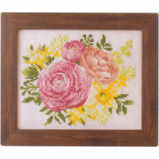 季節を彩るフラワーアレンジメント-ラナンキュラスとスイセン-ルシアン-コスモ-クロスステッチキット（送料込み）