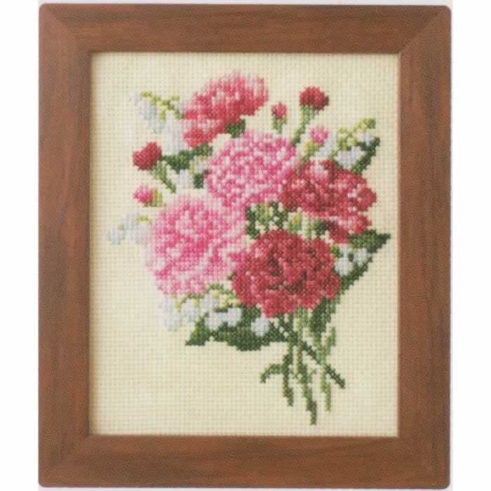 季節を彩るフラワーアレンジメント-カーネーションとスズラン-ルシアン-コスモ-クロスステッチ-刺繍キット