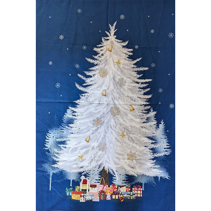 クリスマスプリントタペストリーパネル生地 ツリーインクジェットプリント 紺地 　送料無料