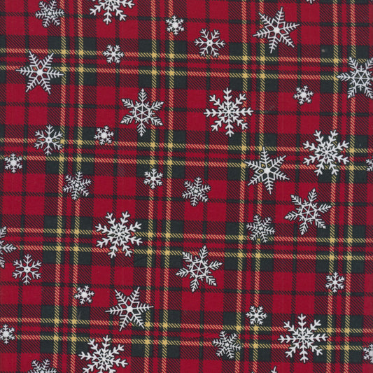 送料無料　クリスマス生地（布）「赤タータンチェックと雪の結晶」 1m 単位　パッチワーク コットン100％　