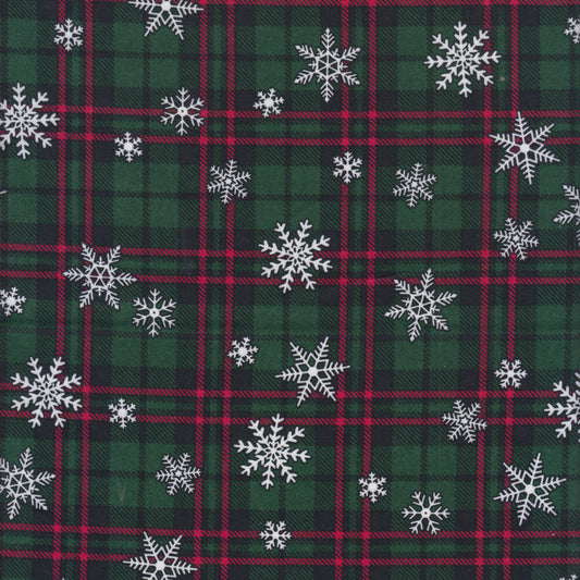 送料無料　クリスマス生地（布）「緑タータンチェックと雪の結晶」 1m 単位　パッチワーク コットン100％