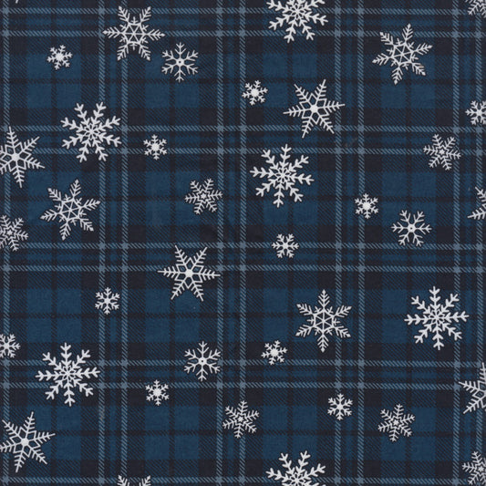 送料無料　クリスマス生地（布）「紺タータンチェックと雪の結晶」 1m 単位　パッチワーク コットン100％